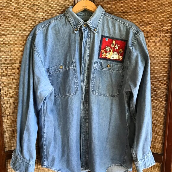 Upcycled Denim Patchwork Shirt, Size L: Give Me All the Puppies Dog Lover Jacket - Picture 8 of 9